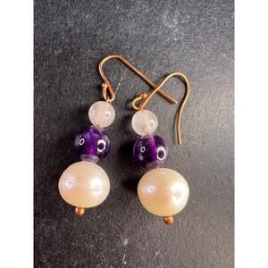 Pearl, amethyst and rose quartz dangle earrings in copper